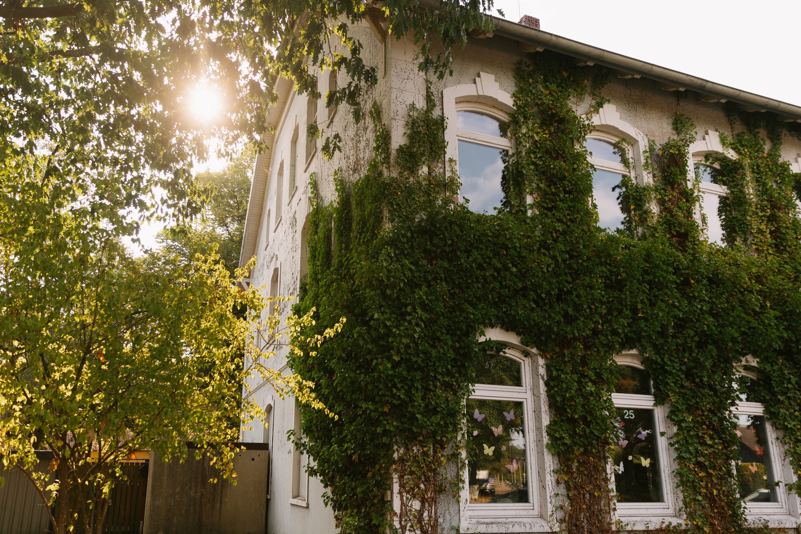 Außenansicht der Grundschule Bungerhof. Es ist der Altbau an der Stedinger Straße zu sehen, der von Pflanzen bewachsen ist. Die Sonne scheint durch die Bäume.